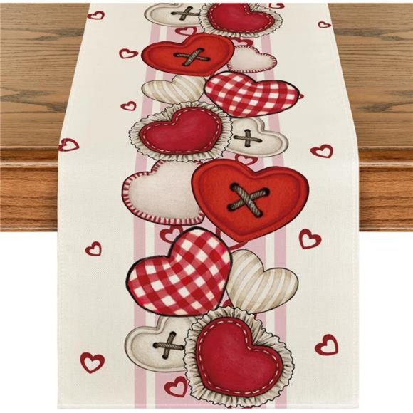 Valentines Day Table Runner Heart Dining Cloth Pink Red Farmhouse Cottage Decor - Picture 1 of 5